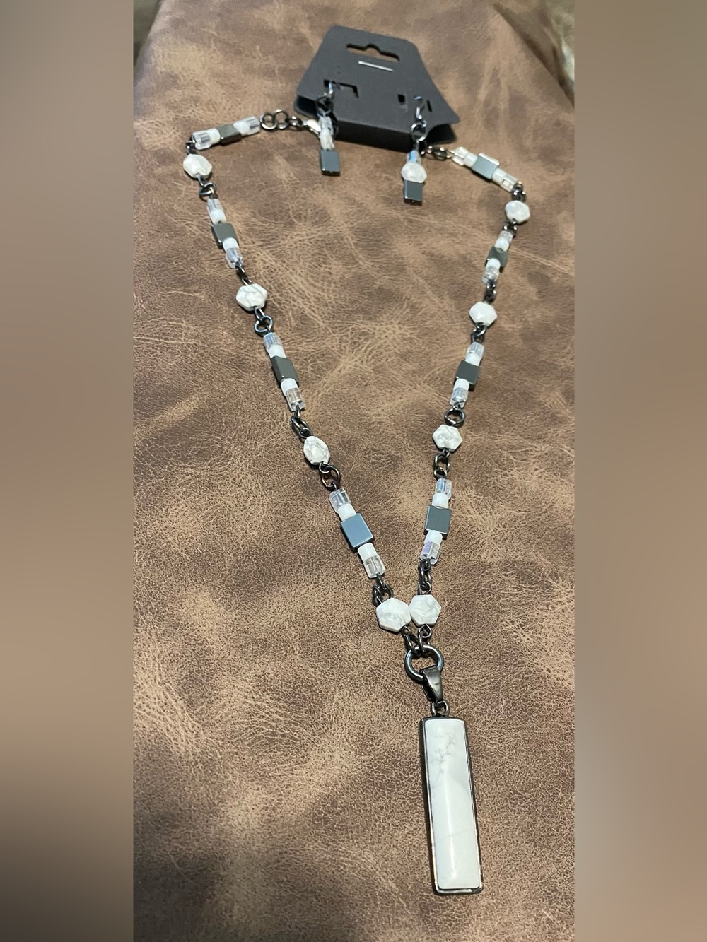 Women's White Howlite Stone Bar Pendant Necklace with Gunmetal Chain